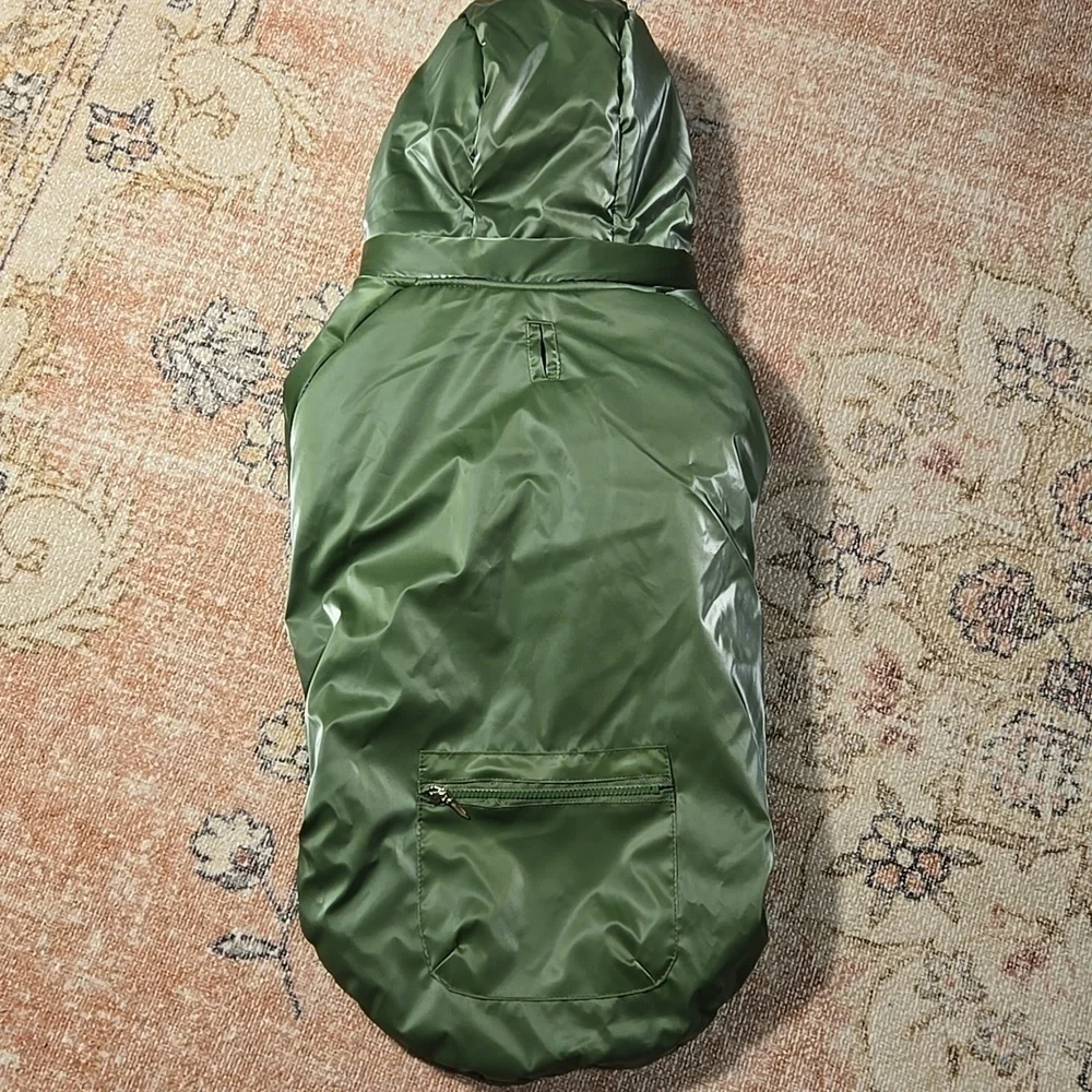 Rachel Zoe Shiny Green Fleece Lined Removeable Hood Back Pocket Dog Coat Sz L